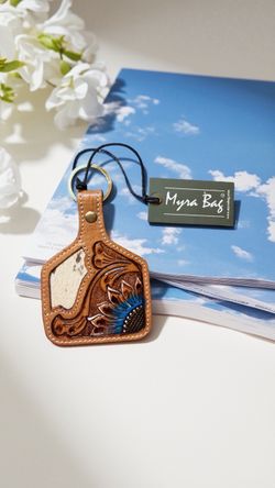 Myra Bag Tooled Leather “In My Morning “ Key Chain Antique Brass Ring NWT