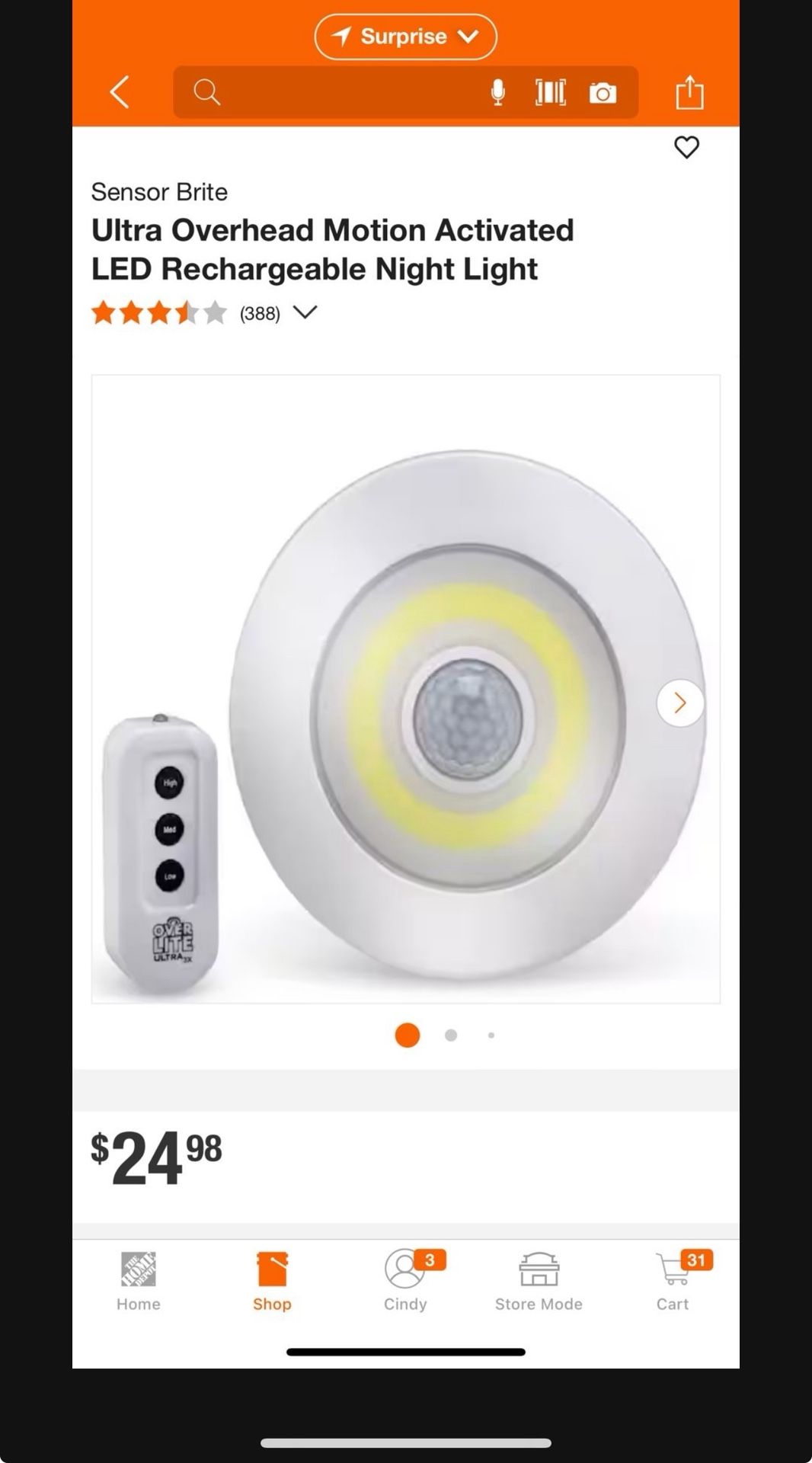 Sensor Brite Ultra Overhead Motion Activated LED Rechargeable Night Light