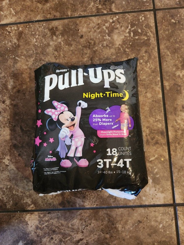Brand New Package Of Huggies Pull Ups For Girls Nighttime Diapers Size 3T-4T 18 Count