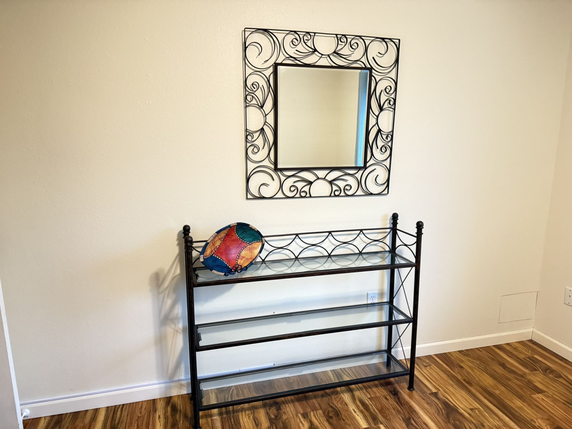 handcrafted wrought iron and glass 3 tiered baker's rack Console table + Mirror