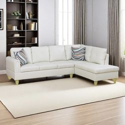 New White Leather Sectional Sofa / Couch with Chaise (Can Deliver)