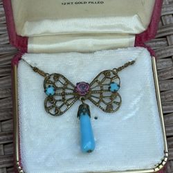 Vintage butterfly Necklace With  Amethyst And Turquoise Stones