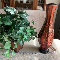 Planter W/ Silk Plant & Vase, Copper Look - Set Of 2