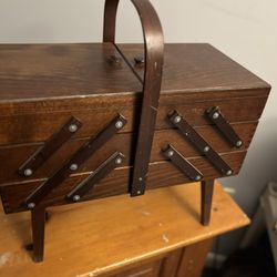 Vintage Wood Fold Out Accordion Style Sewing Box Organizer 