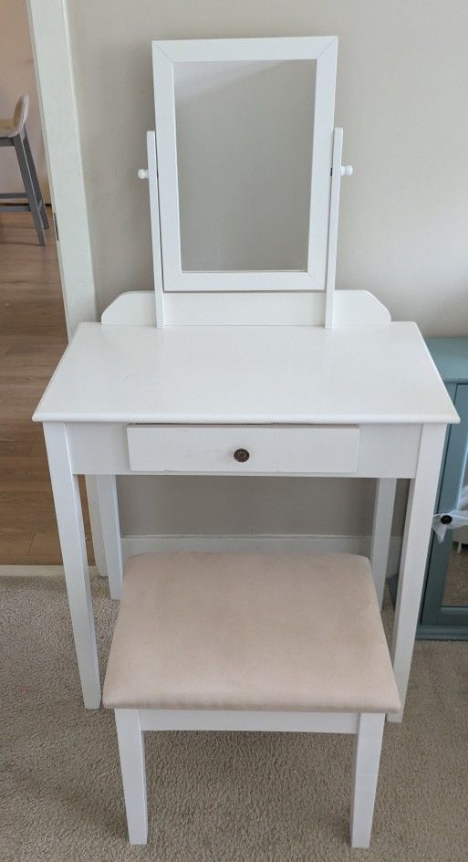 Vanity With Mirror And Stool Set