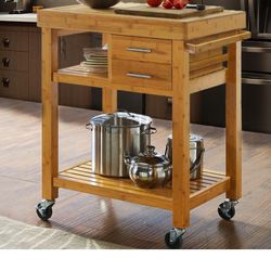 Rolling Bamboo Wood Kitchen Island Cart Trolley, Cabinet w/ Towel Rack & Drawers