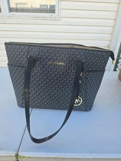 Michael Kors Signature Tote Bag Black Gray MK Logo Shoulder Purse Large