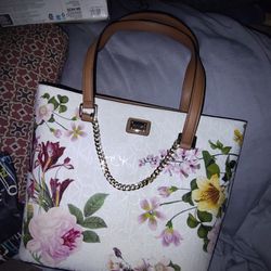 Calvin Klein Tote Floral Print On One Side White On The Other 