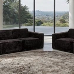 Brand New Black Corduroy Super Plush Compressed Sofa & Loveseat 