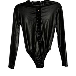 Womens Black Vegan Leather Sexy Bodysuit Sz XL Lace Up Front Goth Rave EUC