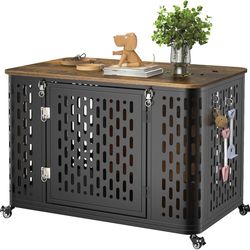 Dog Crate Furniture with Cushion, Wood Dog Kennel with Wheels & Flip Top, 38" Heavy Duty Dog Crate Furniture for High Anxiety Dogs, Escape Proof Dog C