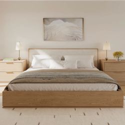 Modern Wood Platform Bed Frame with Upholstered Headboard