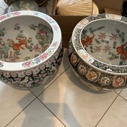 $200 Each Giant 16” Tall X 18.5” Round Palace Size Grand Asian Chinoiserie Koi Fishbowl Planter Pot. Like New Chinoiserie.  Fish, Butterfly, Birds.