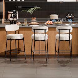 Bar Stools Set of 3, White 24 Inches Boucle Barstools Counter Height Barstool with Curved Back Metal Legs, Modern Upholstered Barstools for Kitchen Is
