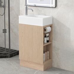 NEW Natural 18 in. W x 10 in. D x 33 in. H Single Freestanding Bath Vanity with White Ceramic Sink and Open Shelves