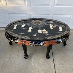 Vintage Chinese Black Lacquer Tea Table W/6 Stools