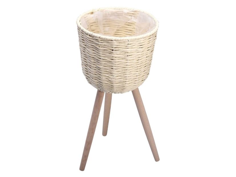 Rustic Beige Round Planter Handwoven Rattan Plant Stand