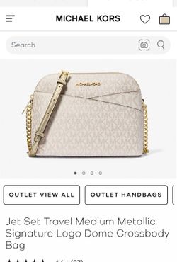 Michael Kors Cream White & Gold Jet Set Travel Medium Metallic Signature Logo Dome Crossbody Bag