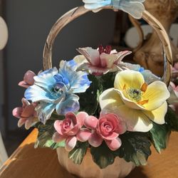Vintage Capodimonte Handled Basket of Sculpted Porcelain Flowers 