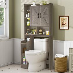 Over The Toilet Storage Cabinet with Barn Doors, Rustic Bathroom Organizer, Space-Saving Shelf for Laundry, Grey