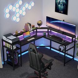 Tribesigns L-Shaped Gaming Desk With Power Outlets & LED Strips, L-Shaped Computer Desk With Storage Shelves, Corner Computer Desk With Monitor Stand,