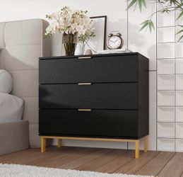 New-Black Nightstand with 3 Drawers, Modern Night Stand Bedside Table with Drawers and Golden Legs, Wide End Table for Small Space, Entryway, 29.7" H