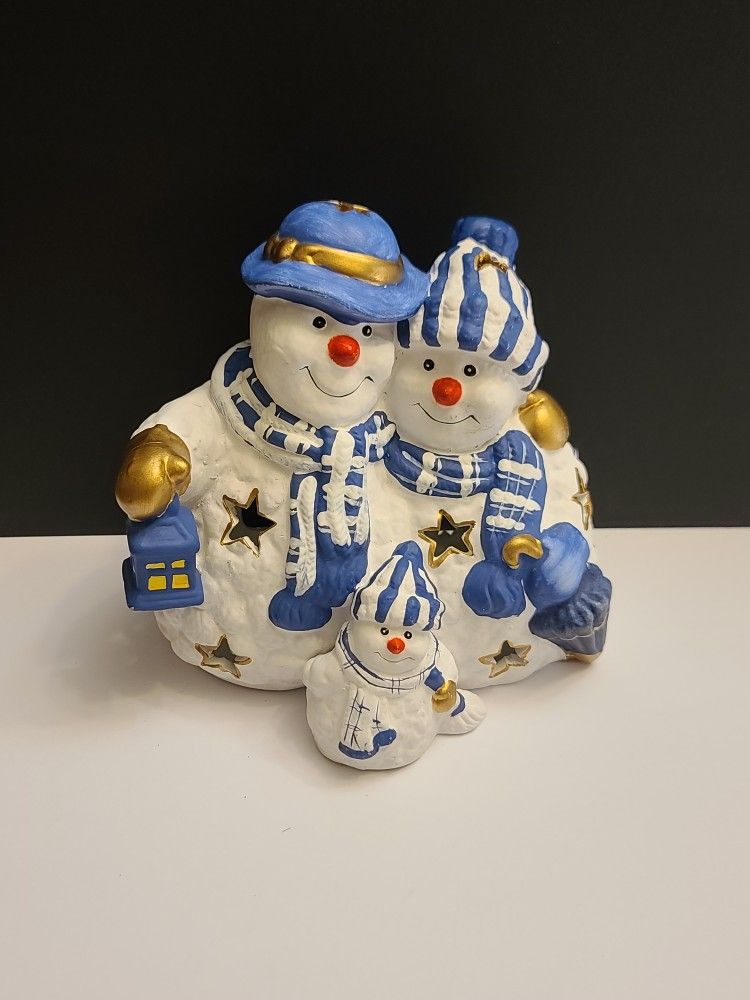 VINTAGE PENCO Ceramic Christmas Snowman Family Candle Holder