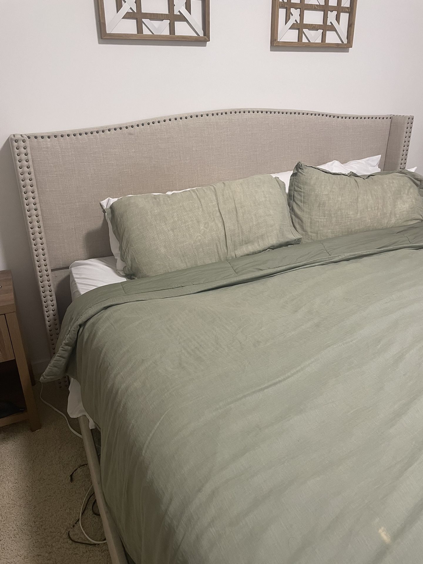 Beige Upholstered King Size Headboard And Bed frame