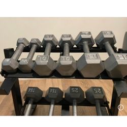 In NEW Condition Set Of Cast Iron Hex Dumbbells 5s, 10s, 15s 20s  And  25s  (NO RACK iNCLUDED)
