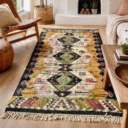 Vintage HandWoven Moroccan Boucherouite Boho Rag Rug 8x5’ Geometric Textile Large Area Carpet MCM Mid Century 