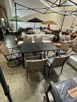 New Set of 7 Outdoor Patio Dining Table Set with 2 Swivel Chair and 4 Armchair