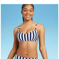 Women's Light Ribbed Bralette Bikini Top - Shade & Shore Navy & White Stripe 34D