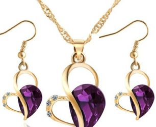 Purple Crystal Necklace Earring Jewelry Set Gold Silver Plated Heart Necklaces Earrings Wedding Party