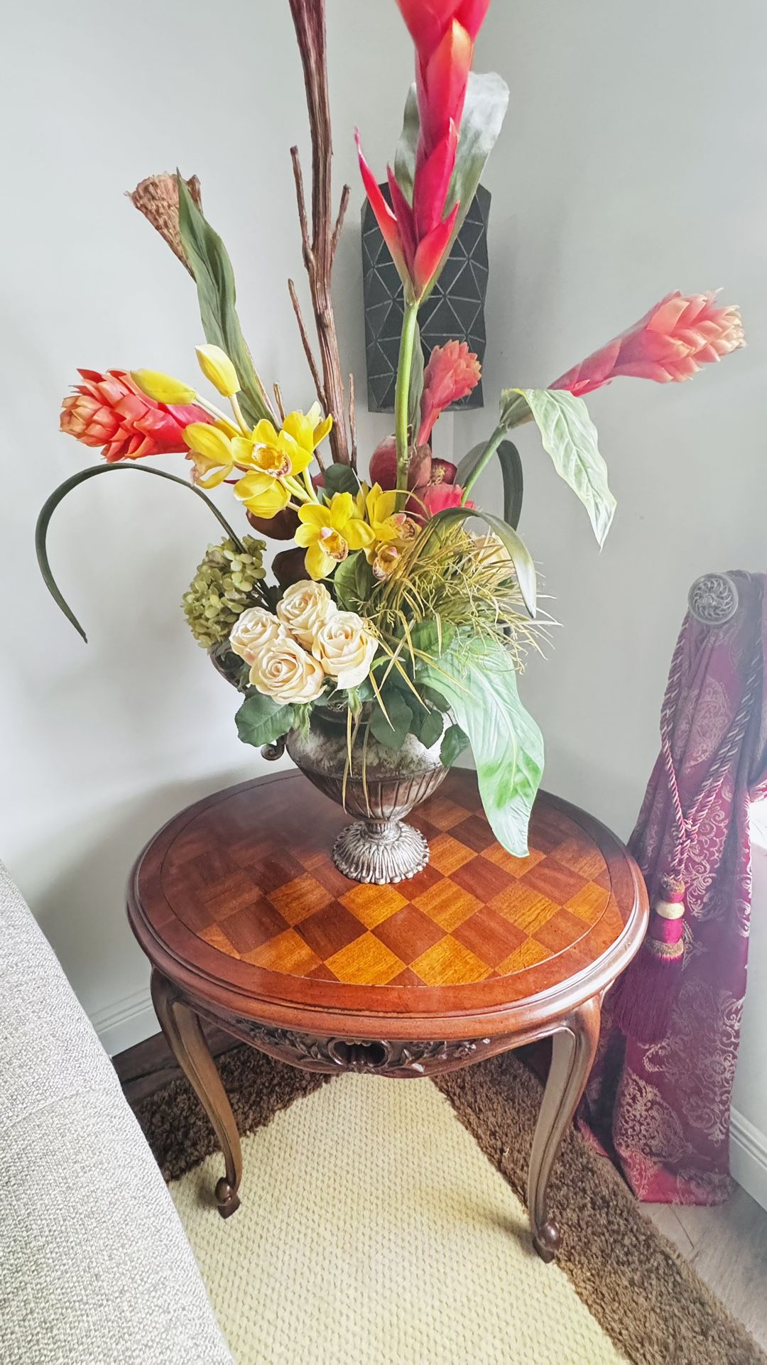 Designer Flower Arrangement And Inlaid Wood Side Table