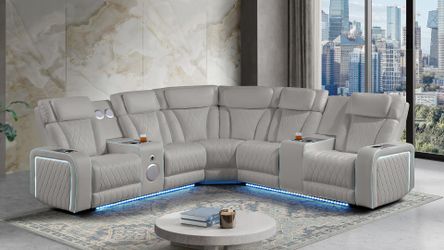 Light Gray Leather Power Reclining Sectional with LED Lighting New in Box