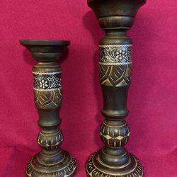 Set Of Two Wood Carved Pilar Candle Holders Metal Details India
