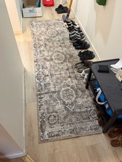 2' x 8' Machine Washable Runner Rug – Distressed Vintage Boho / Grey & Cream
