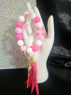 Pink Beaded Wristlet Keychain with Jesus Cross
