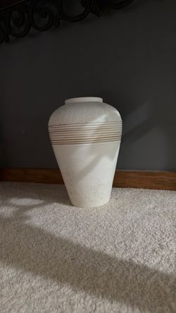 Large White Ceramic Vase with Tan Stripe Detail