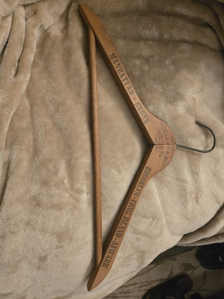 Vtg Wooden Hangar. Moe Levy & Son. Manhattan Bronx Brooklyn Long Island Newark