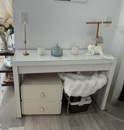 Slim White IKEA Console / Makeup Table with Glass Top