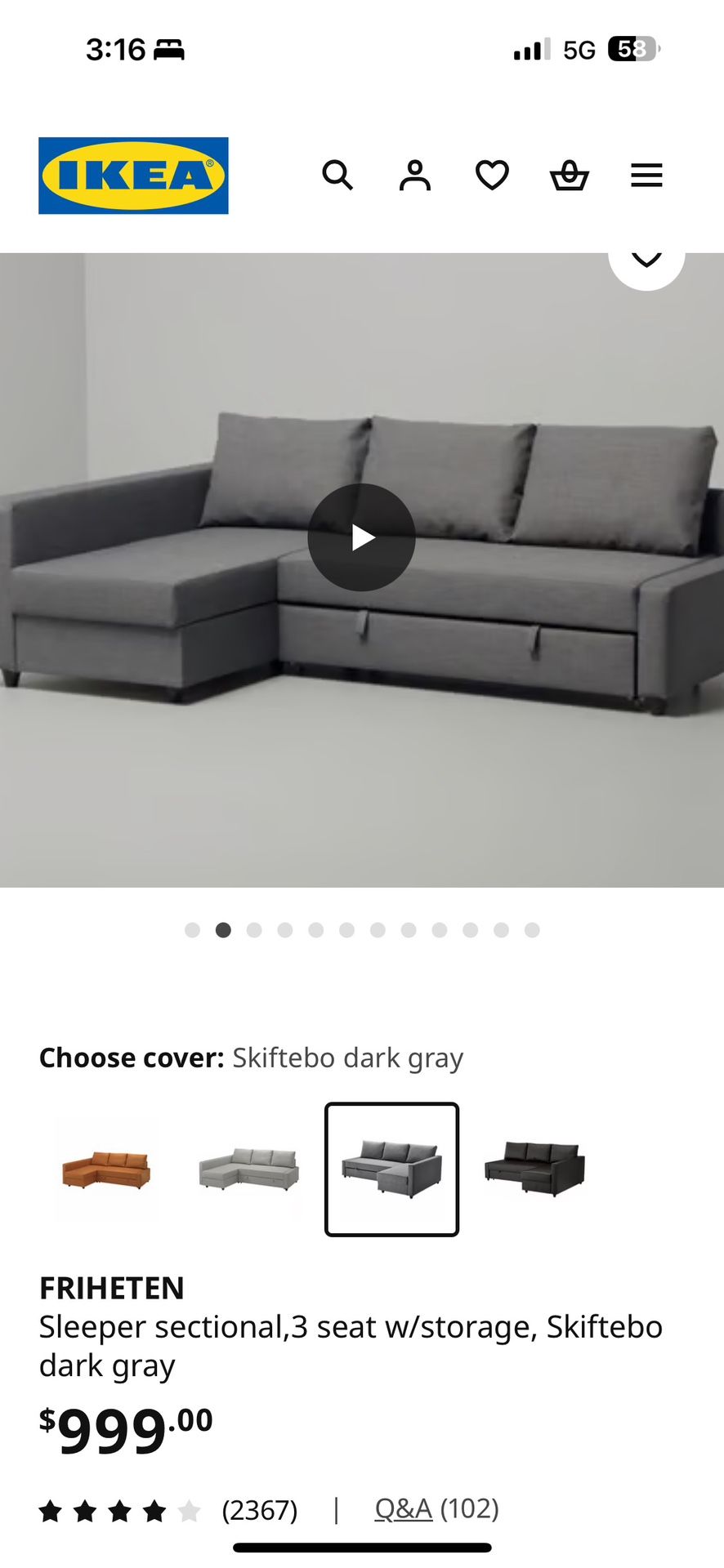 IKEA Grey Sleeper Sofa Couch