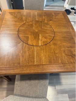 Square Wood Dining Table with Lazy Susan and 3 Chairs and 1 bench