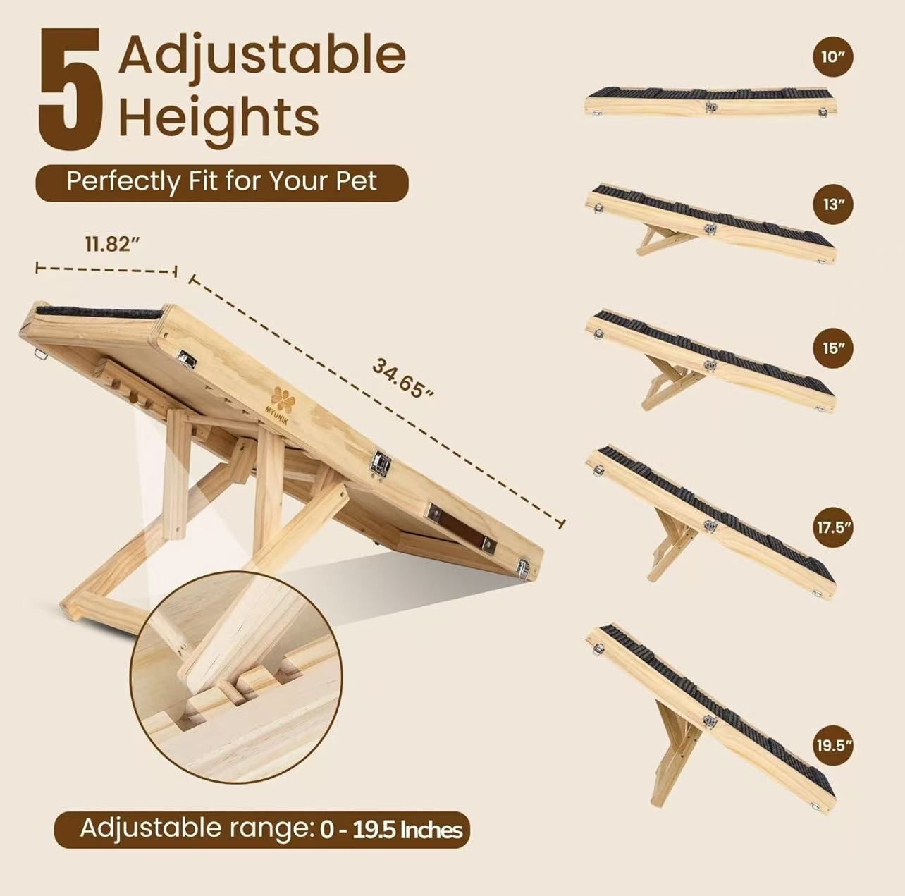 🥨Adjustable Small Dog Ramp 34.65" Foldable Solid Wood Pet Ramp with 5 Heights 10–19.5", Non-Slip Carpet Handle Ramp for Bed Couch Sofa & Car