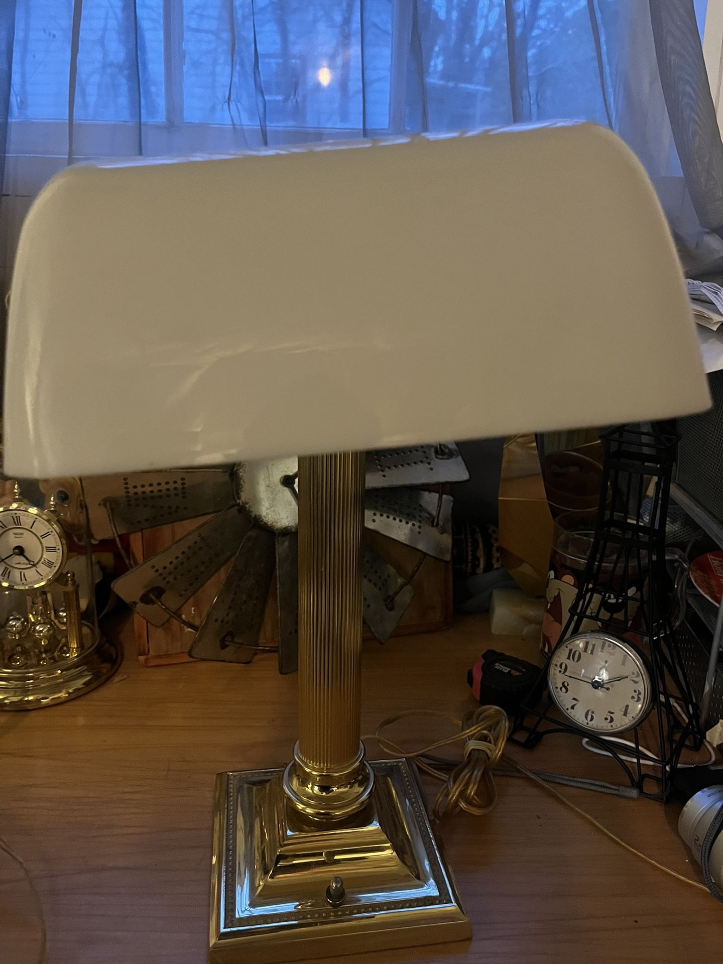 Antique Brass Bankers Desktop Lamp With Frosted Shade