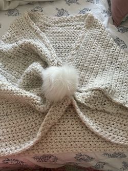 Handmade Crochet Poncho with Pom-Pom Tie