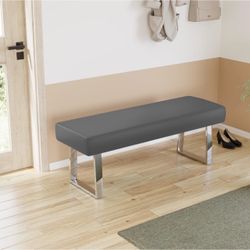 JIEXI 55" Upholstered Bedroom End Kitchen Bench with Sturdy color: Grey. With Chrome Legs PU Leather Padded Seat, Sturdy Thick Metal Legs, Space Effi