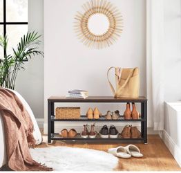 3-Tier Shoe Rack, Shelf Storage Bench with Metal Mesh Shelves and Seat, Free Standing Shoe Organizer for Entryway, 11.8 x 39.4 x 17.7 Inches, Rustic B