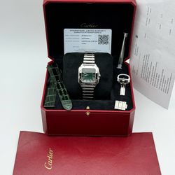 Cartier Santos Stainless Steel Green Roman Dial 35mm Automatic WSSA0061 Watch Box Strap Full Set