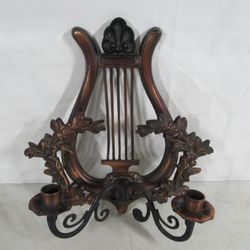 Lyre Harp Solid Brass Bronze Tone Finish Dual Candlestick Wall Sconce
